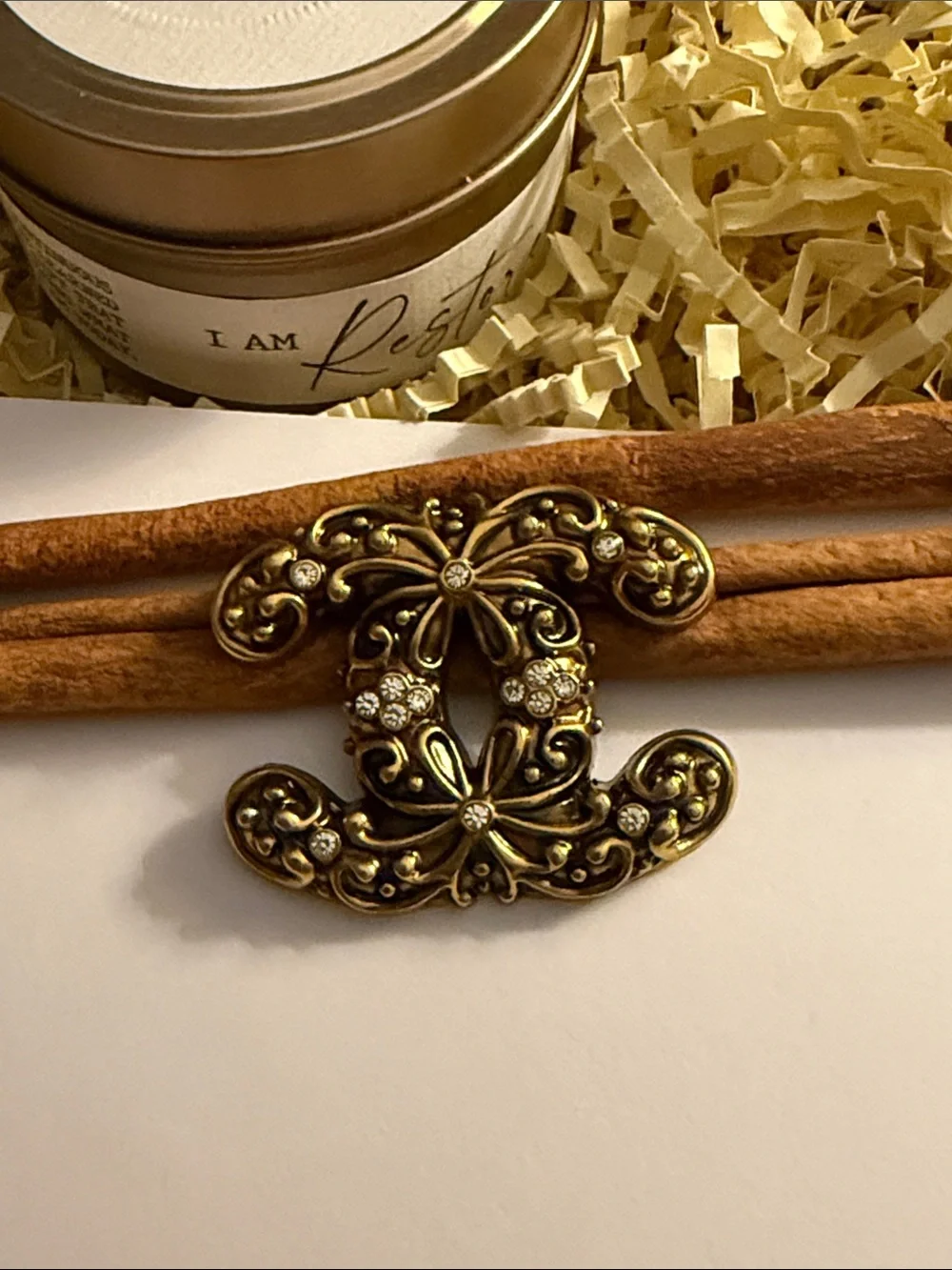 Fashion Jewelry Gold-Tone Rhinestone Brooch - Floral Scroll Design